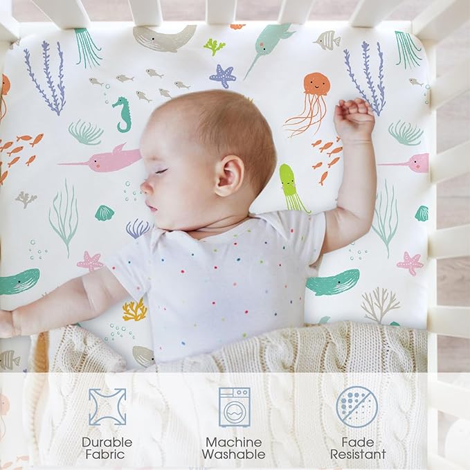 Little Grape Land Crib Sheets, 4-Pack Soft Microfiber Fitted Baby Sheets for Standard Crib and Toddler Mattress, 28x52x8inch, Secure & Breathable Bedding (Ocean World & Shell & Blue & Green)