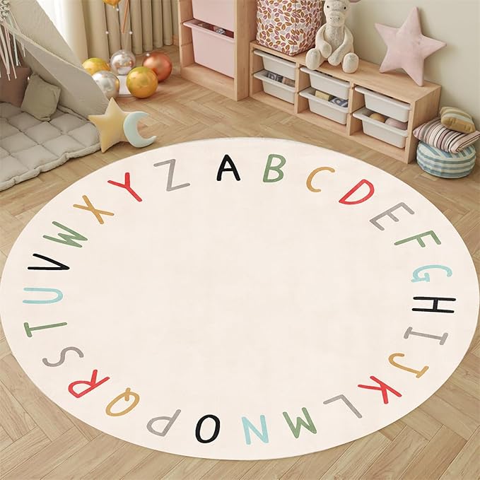 Round ABC Rugs-3.3ft Kids Round Rug Alphabet Numbers Shapes Educational Kid Area Rug Non Slip Kid Play Mat Carpet for Girl Boy Bedroom Playroom-White