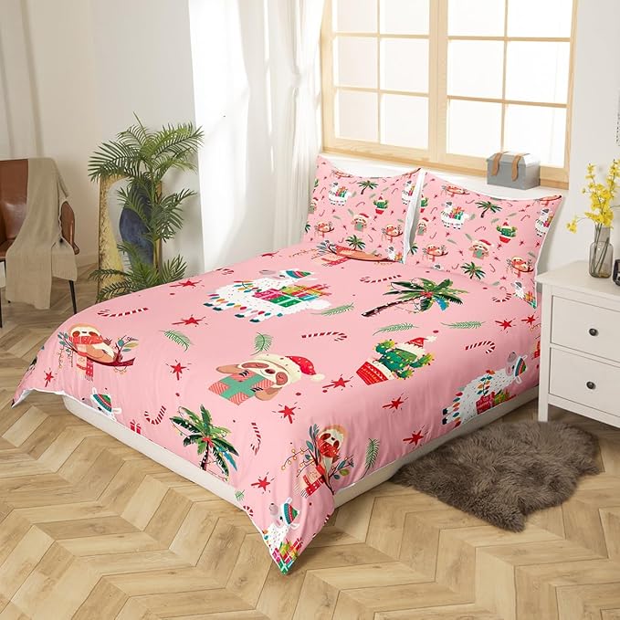 Manfei New Year Duvet Cover Set King Size, Cute Xmas Sloth Alpaca Print Bedding Set 3pcs for Kids Boys Girls Bedroom Decor, Christmas Theme Comforter Cover with 2 Pillowcases,No Comforter