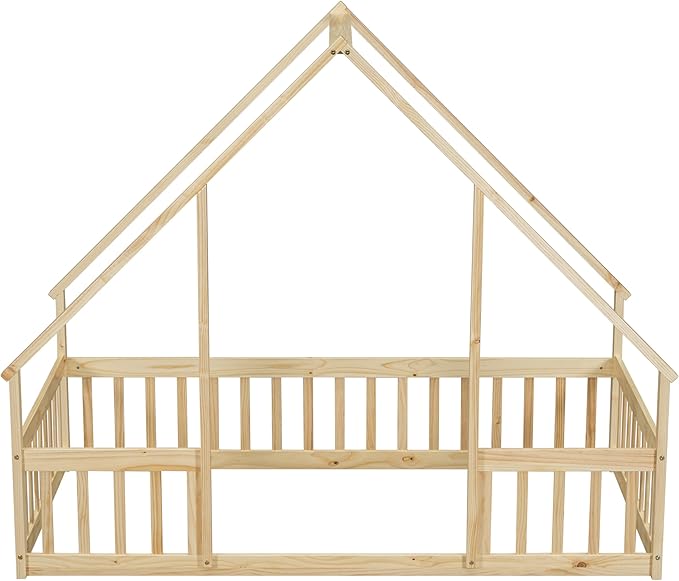 Bellemave Twin Floor Bed for Kids, Girls, Boys, Wood House Bed Frame, House Floor Bed, Twin Size Montessori Floor Bed with Fence, Playhouse, Natural