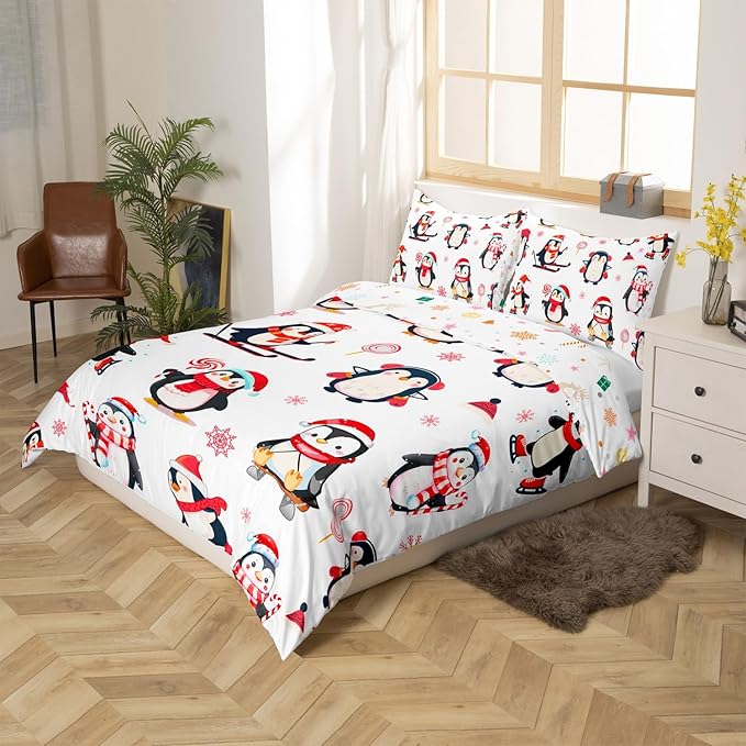 Feelyou Cartoon Penguin Duvet Cover Funny Animal Printed Christmas Day Bedding Set for Kids Room Cute Polar Animal Pattern Decor Comforter Cover Set Snowflake Bedspread Cover 3Pcs Zipper Queen Size