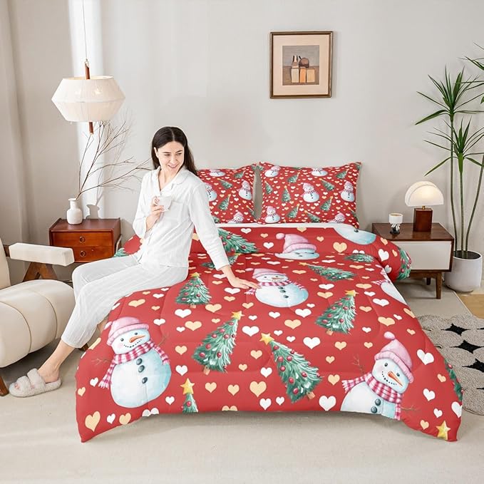 Feelyou Merry Christmas Comforter Set Queen Size Cute Snowman Bedding Set for Kids Boys Girls Christmas Tree Duvet Quilt Love Hearts Microfiber 3 Pcs with 2 Pillow Cases