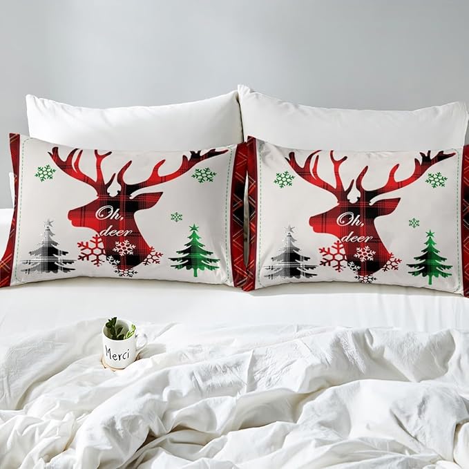Manfei Xmas Deer Duvet Cover Set Queen Size, Christmas Tree Snowflake Print Comforter Cover with 2 Pillowcases, New Year Theme Bedding Set 3pcs for Kids Boys Girls Bedroom Decor,No Comforter