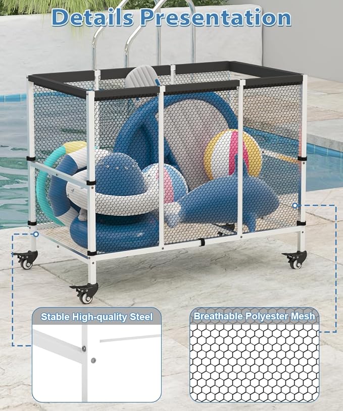 150 Gallon Swimming Pool Storage Bin, Outdoor Rolling Pool Toy Organizer Cart for Swimming Acessories, Pool Noodles Holder for Floaties, Life Vests, Beach Essentials, Patio Furniture, White