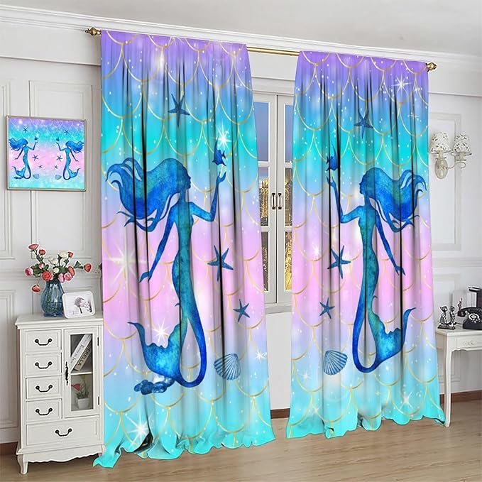 Mermaid Scale Curtains for Kids Girls Magic Gradient Mermaid Fish Scale Pattern Decoration Bedroom Nursery Curtains 72x63 Inch