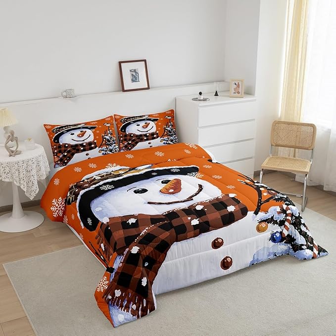 Feelyou Kids Christmas Theme Decorations Bedding Set Xmas Snowman Comforter Set for Boys Girls Snowflake Kawaii Cute Comforter Pumpkin Orange Quilt Set Bedroom Collection Twin Size
