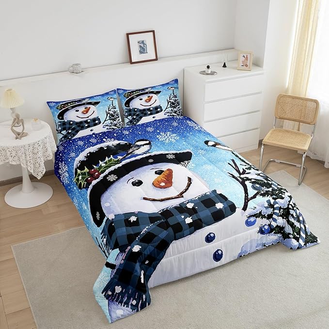 Feelyou Kids Christmas Theme Decorations Bedding Set Xmas Snowman Comforter Set for Boys Girls Snowflake Kawaii Cute Gradient Blue Collection Queen Size