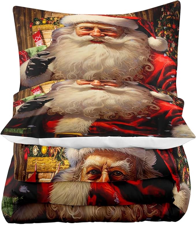 LUVIVIHOME 2PCS Christmas Comforter Set Twin Size, Funny Santa Claus Bedding, Teens Boys Girls Kids Bedding, Winter Holiday Happy New Year Merry Christmas Bedroom Decor, Xmas Gifts, 1 Pillow Case