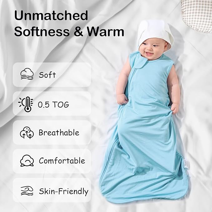Supersoft Rayon Made from Bamboo Sleep Sack 12-18 Months 0.5 Tog Lightweight Toddler Sleep Sack Baby Wearable Blanket with 2-Way Zipper Summer Unisex Sleeping Bag for Babies - Blue