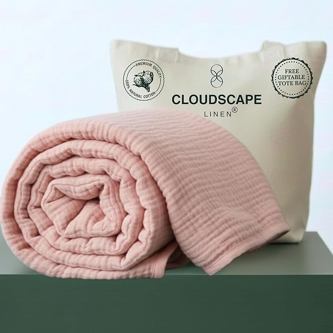 Cloud Scape Linen Oversized 4 Layer Muslin Blanket Twin Size - 100% Cotton, Lightweight & Breathable All Season Gauze, Pre-Washed, for Bed, Couch, fits Twin XL Bed,68x92, Seashell Pink