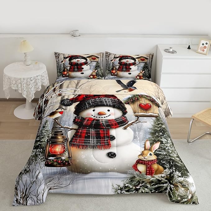 Kawaii Snowman Comforter Set Full Size,Rabbit Bird Winter Poinsettia Kids Bedding Set,Pine Tree Xmas Animal Snowflake Quilt Comforter,Gray Green Duvet Insert,2 Pillowcases