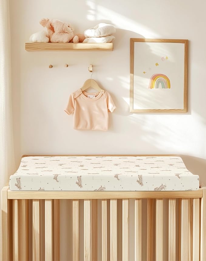Changing Pad Cover for Baby Boy Girl 2 Pack, Muslin Changing Table Pad Covers with Boho Style, Neutral Nursery Bedding Essentials Soft and Breathable (Hopping Bunnies & Beige)