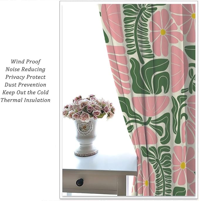 70s Flowers Curtains,Retro Geometric Boho Vintage Botanical Green Pink Flower Curtain for Bedroom Living Room Bathroom Window Curtains,70s Mid Century Flowers Window Treatments 52" W X 84" L