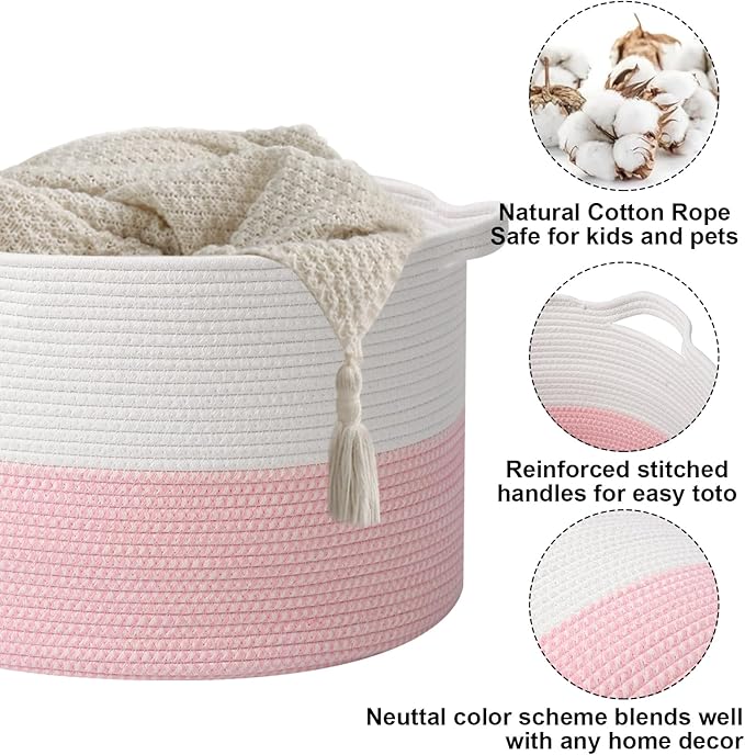 Large Blanket Basket for Organizing,115L Closet Organizers and Storage Bins Box for Shelves Woven Rope Storage Baskets,Living Room,Bedroom,Dorm,Laundry room (White&Pink)