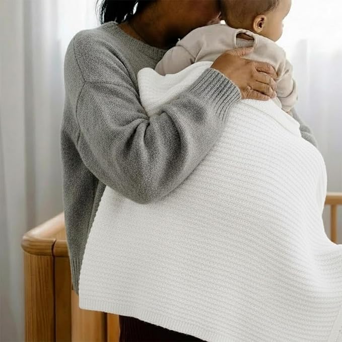 Baby Knit Blanket, 100% Cotton Waffle Patterns, Soft, Cozy, Lightweight Swaddle for Newborn & Infant Swaddling Beige Neutral, Perfect Baby Shower Ideas White 28x36