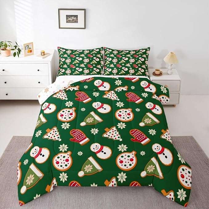 Feelyou Merry Christmas Comforter Set King Size Snowman Bedding Set for Kids Boys Girls Gloves Cookies Duvet Quilt Snowflake Bedroom Decor Microfiber 3 Pcs with 2 Pillow Cases