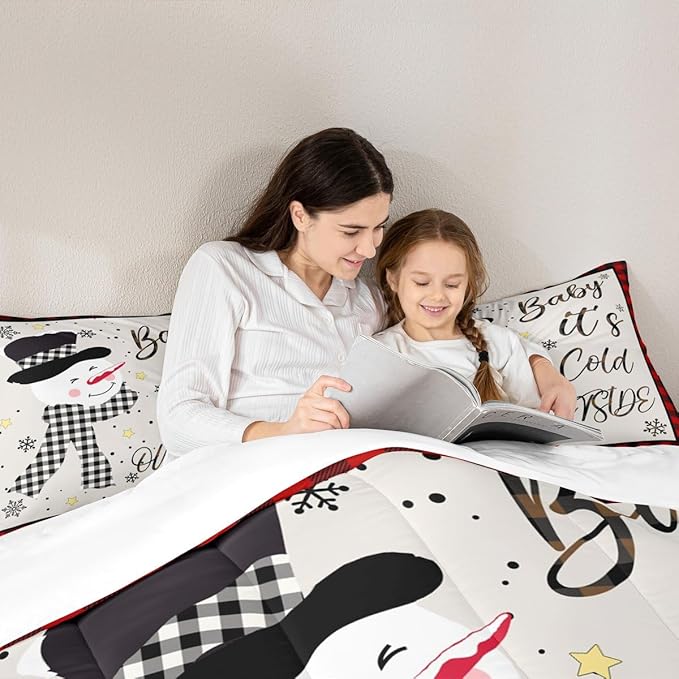 Kids Christmas Snowman Comforter Set King Size,Snowflake Winter Bedding Set,Girls Boys Adults Xmas Decor,Geometric Grids Lattices Patch Down Comforter,Red Rustic Vintage Duvet Insert,2 Pillowcases