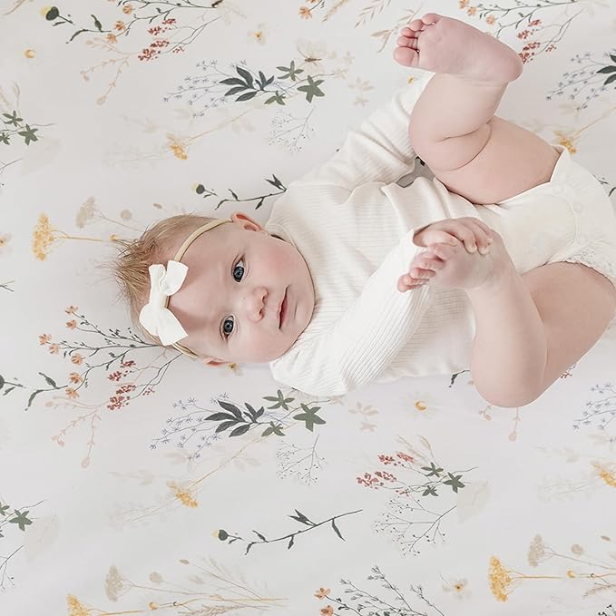 Pobibaby - 2 Pack Premium Pack N Play Sheets Fitted for Standard Pack and Plays and Mini Cribs - Ultra-Soft Jersey Knit, Stylish Floral Pattern, Safe and Snug for Baby (Wildflower)
