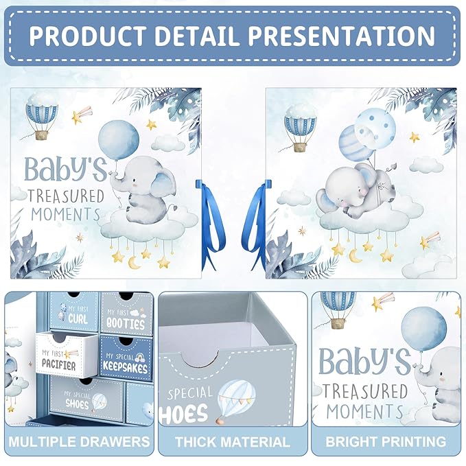 Baby Keepsake Box Newborn Memory Organizer with 9 Labeled Compartments First Keepsake Book Gift Box for Pregnancy Mother"s Day Baby Shower New Maternity(Blue,Blue Elephant)
