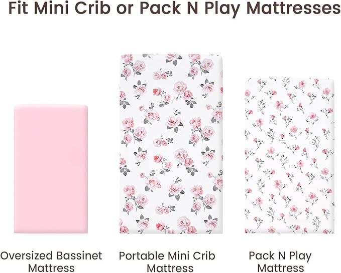 PHF 3 Pack Soft Mini Crib Sheets, Rose Floral Silky Pack N Play Sheets for Baby Boys Girls, Universal Fit for Pack N Play, Playard, Portable and Mini Crib Mattresses, Pink Floral