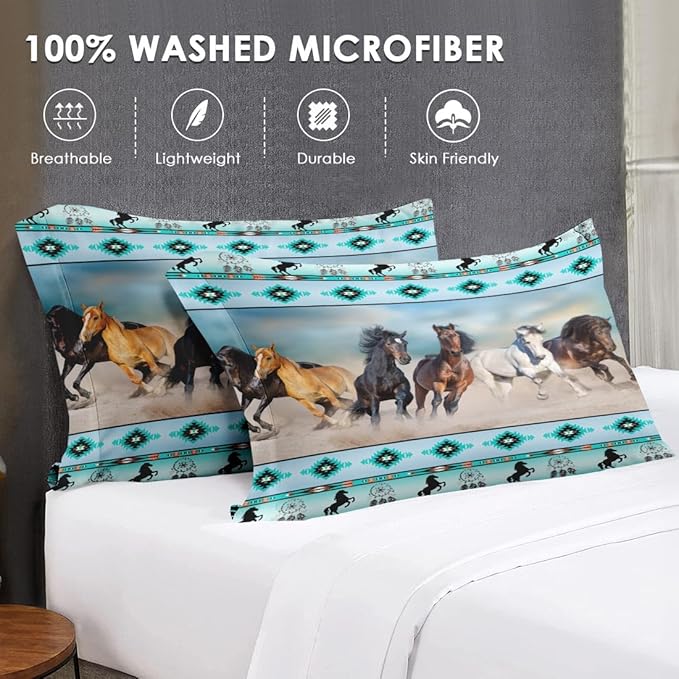 5 Pcs Twin Size Comforter Set with Pillowcase & Sham, Horses Western Bedding for Kids and Adults, Tribal Sunset Run Bed in a Bag with Flat Fitted Sheet