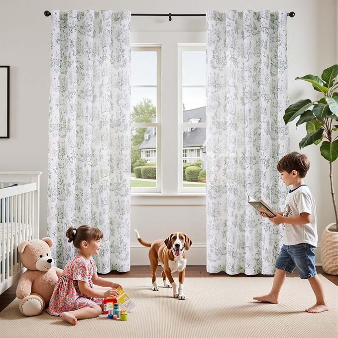 jinchan Linen Nursery Curtains 84 inch Long Woodland Wildlife Sage Green Print Drapes for Kid's Room Light Filtering French Country Farmhouse Curtains with Bunny and Forest Design Set of 2 Panels