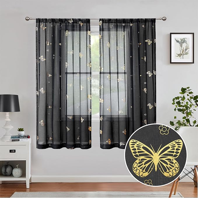Jubilantex Black and Gold Butterfly Sheer Curtain Panels 52 Inches Wide for Kids Girls Bedroom, Elegant Gold Print Voile Rod Pocket Curtains, 63 Inch Long, Set of 2