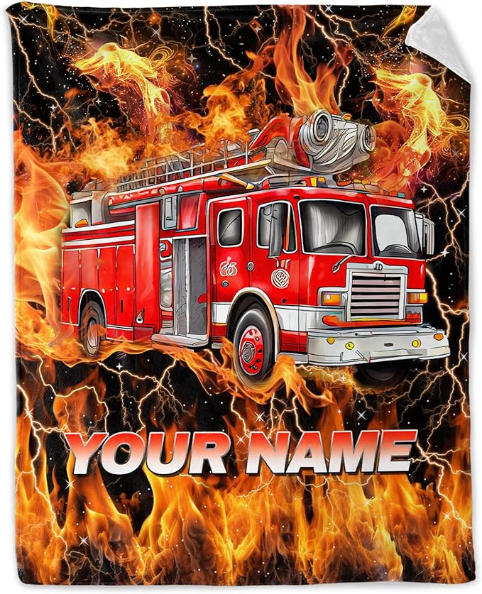 Kids Blanket Gifts Personalized Fire Truck Blankets for Boys, Toddler - Soft Lightweight Flannel Firefighter Throws for Couch, Office & Bedroom