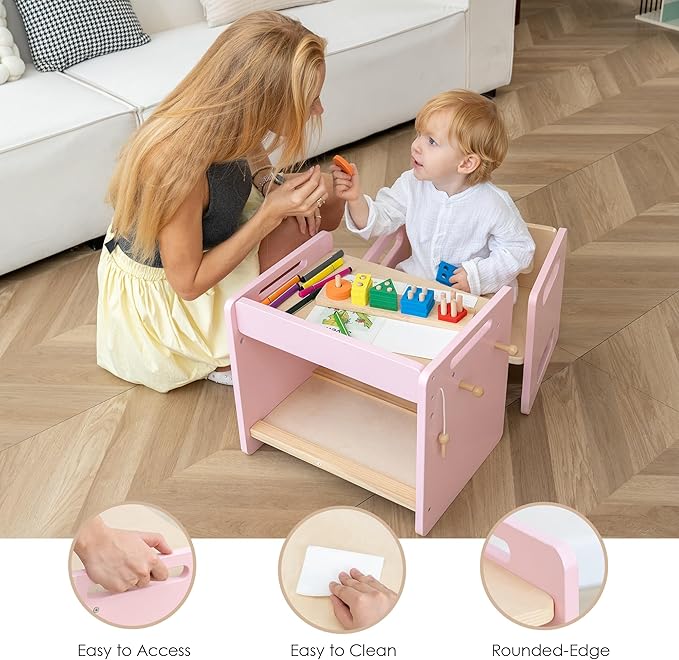 Montessori Weaning Table and Chair Set - Adjustable Design for Toddlers, Ideal for Mealtime, Learning, and Play, Pink