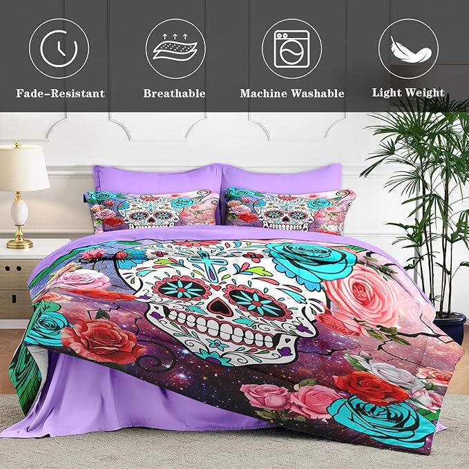 7 Pcs Queen Size Comforter Set with 2 Pillowcases & 2 Shams, Sugar Galaxy Bedding for Kids and Adults, Vintage Skeleton Flower Bed in a Bag with Flat Fitted Sheet