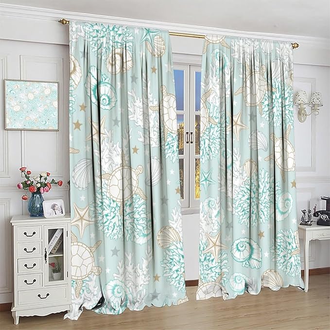 Nautical Curtains,Seagorses Coral Starfish Reef Seashell Beach Sea Seashell Pattern Blackout Print Home Bedroom Living Room Window Treatmen 2 Panel Set 55x63 Inch