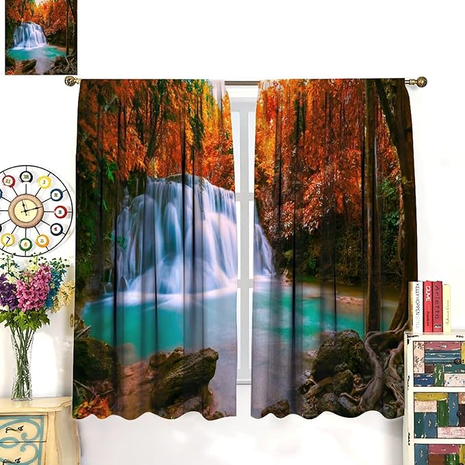 Autumn Forest Waterfall Blackout Curtains, Fall Leaves Trees Jungle Country Nature Landscape Window Drapes, for Bedroom Living Room 72" W X 63" L
