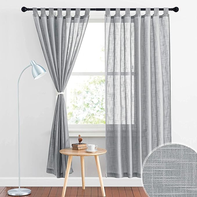 RYB HOME Semi Sheer Curtains - Linen Textured Sheer Privacy Protect Light Glare Filtering Window Curtains for Bedroom Bathroom, W 52 x L 72 inches, 1 Pair, Grey