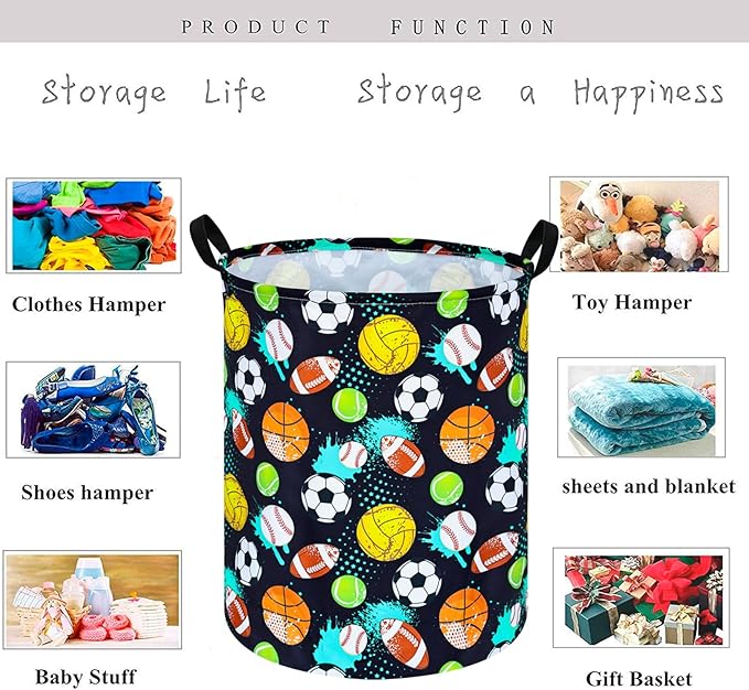 KUNRO Basketball Football Laundry Gift Basket Storage Hamper, Kids Toys and Clothes Storage Organizer Bins, Toy Shelf Basket with Handles for Room Decor (Sport-Balls)