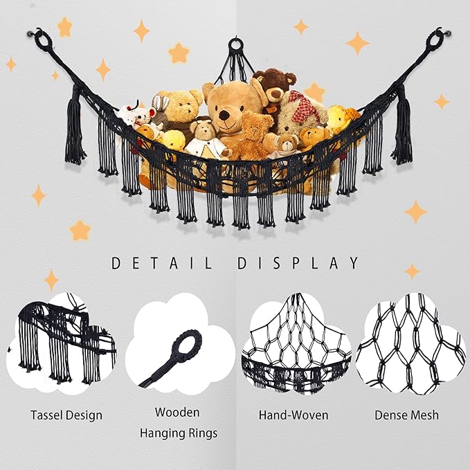 Stuffed Animal Hammock with LED Light, Large Stuffed Animals Storage Corner Plushie Net for Kids Room Decor, Jumbo Black