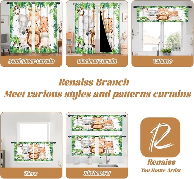 Renaiss 52 x 63 Inch Safari Animal Curtains for Kids Tropical Rainforest Lions Tigers Elephants Giraffes African Jungle Tree Green Leaf Print Window Drapes for Nursery Baby Bedroom Playroom 2 Panels