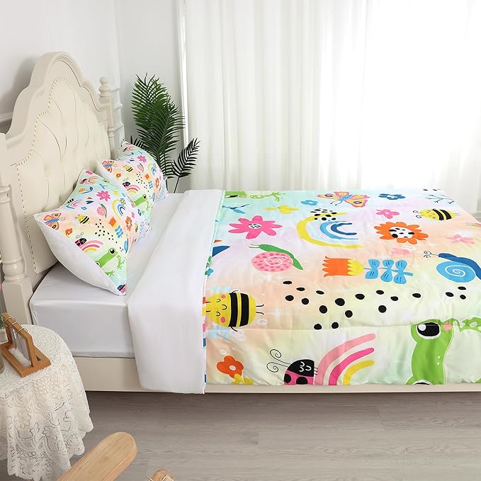 Rainbow Comforter Set Queen Size Cartoon Frogs Bedding Sets for Girls Kids Women Boys Flowers Butterfly Bees Snails Insects Cute Kawaii Quilt 1 Comforter + 2 Pillow Cases