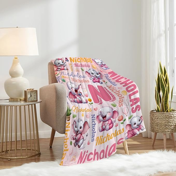 Personalized Custom Pink Elephant Blanket Gifts for Kids Boys Girls with Name - Customized Pink Elephant Super Soft Lightweight Flannel Sheets Decor for Crib Nap Couch - 90"x120" for Whole Family
