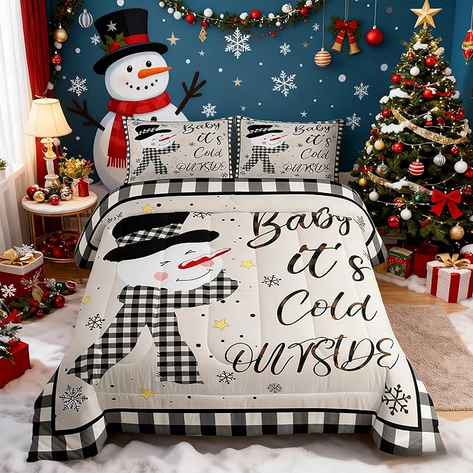 Kids Christmas Snowman Comforter Set King Size,Snowflake Winter Bedding,Girls Boys Adults Bedroom/Xmas Cabin Decor,Geometric Grids Lattice Down Comforter,Rustic Vintage Duvet Insert,2 Pillowcases