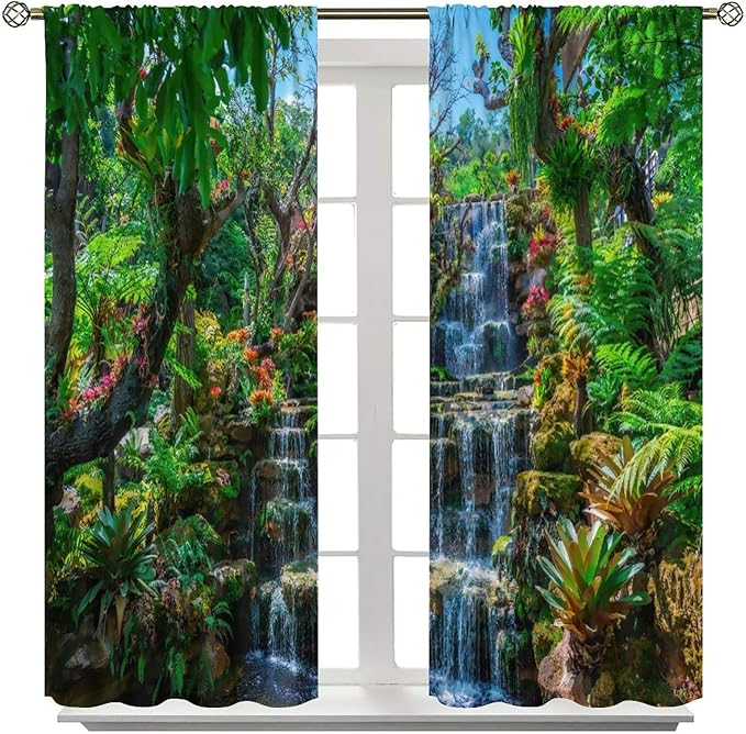 Waterfall Blackout Window Curtains, Spring Forest Nature Landscape Theme Pattern Print Window Drapes, for Living Room Bedroom 42x45in 2 Panels