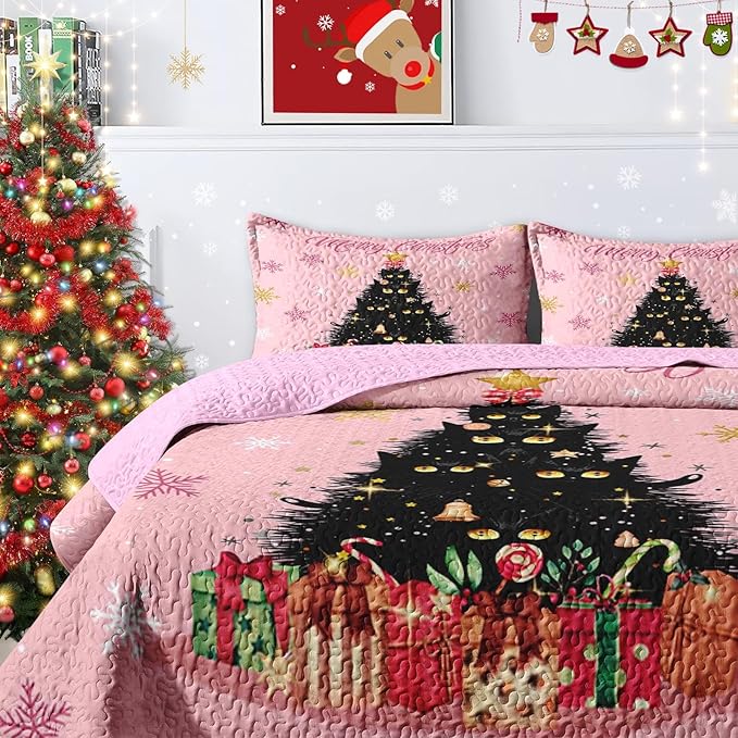 Christmas King Size Quilt Set, Black Cat Xmas Trees Lightweight Bedspread Coverlet with Pillow Shams for Kids and Adults, Pink Snowflakes 3 Pcs Bedding Bed Cover