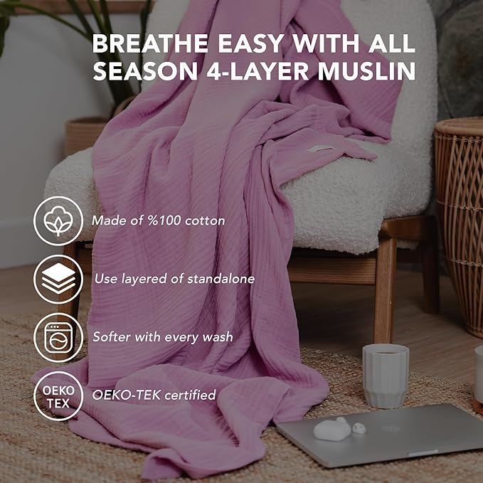 Goqan Throw Blanket 55x60 – 100% Cotton 4 Layer Boho Muslin Blanket for Adults, Lightweight, Soft, Breathable for Bed, Couch, Picnic - Pink