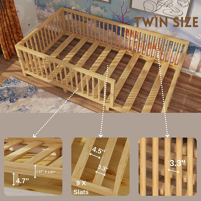 Montessori Floor Bed with Slats for Toddler 39.4'' x 75.2'' Twin | Pine Wood Natural Solid Frame Bed | Sturdy Design Floor Bed Frame for Boy and Girls (Twin, Height : 23.6 Inches)
