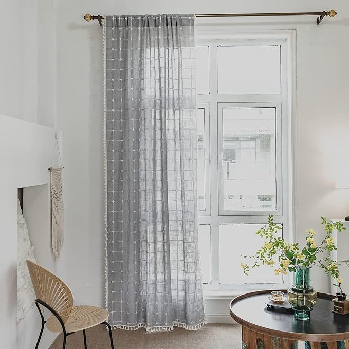 Deeprove Gray Boho Plaid Curtains 72 inch for Home Office Kitchen Nursery, Semi Blackout Casual Farmhouse Tassels Window Treatment Bohemian Embroidery Drape Rod Pocket 1 Panel 52 W x72 L, Grey