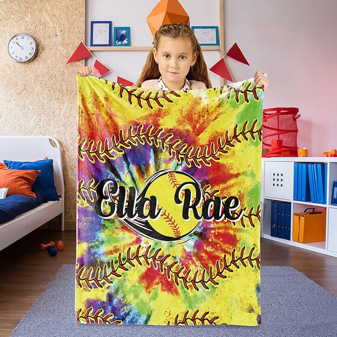 Personalized Softball Kids Blanket with Name and Number - Custom Sport Bed Blankets Gift for 0-3 Months Baby Essential - Super Warm and Comfortable 60x80inch