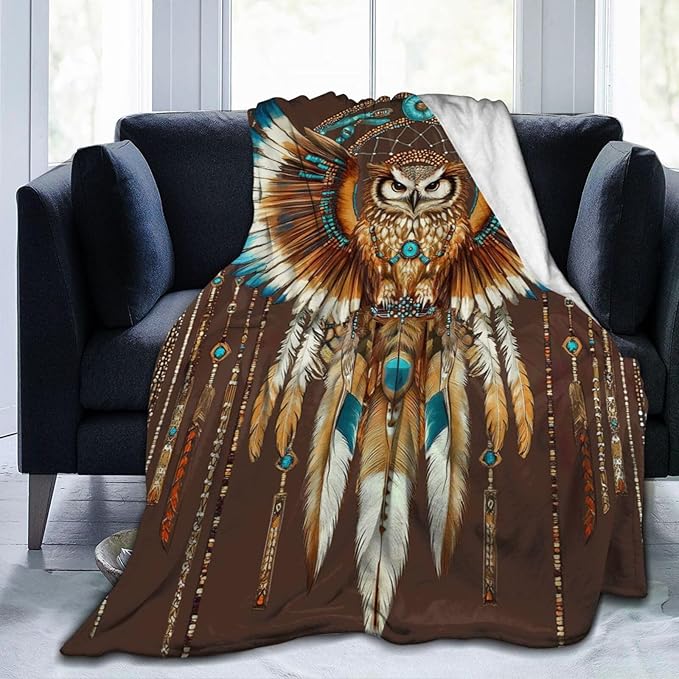 Owl Blanket Native American Decor Throw Blanket Super Soft Flannel Lightweight Fluffy Plush Fuzzy Fleece Indian Blanket Gifts for Girl Woman Adults Man Boys Kids Baby for Bed Sofa 50"X60"