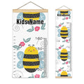 Personalized Kids Name Growth Chart Ruler for Wall Wood Frame Height Measure Chart 13.4x56 in Linen Hanging Height Growth Chart Cute Cartoon Bee Red Floral Kids Room Decor