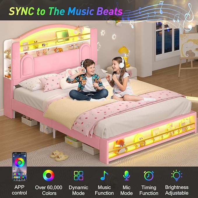Full Size Bed Frame with Storage Headboard, Platform Bed Frame Full with LED Lights and Charging Station, Velvet Princess Bed for Girls/Kids, No Box Spring Needed/Noise-Free/Easy Assembly,Pink