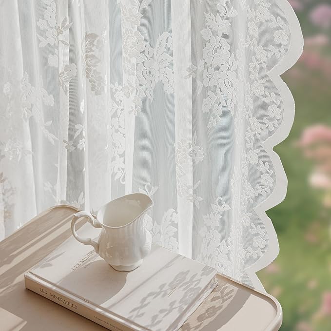 Anmao Vintage Lace Curtains 90 Inches Long 2 Panels, Romantic Elegant Light Filtering Semi Sheer Floral Thick Lacy Curtain Drapes for Living Room and Bedroom, Each Panel 55W x 90L, White Rose