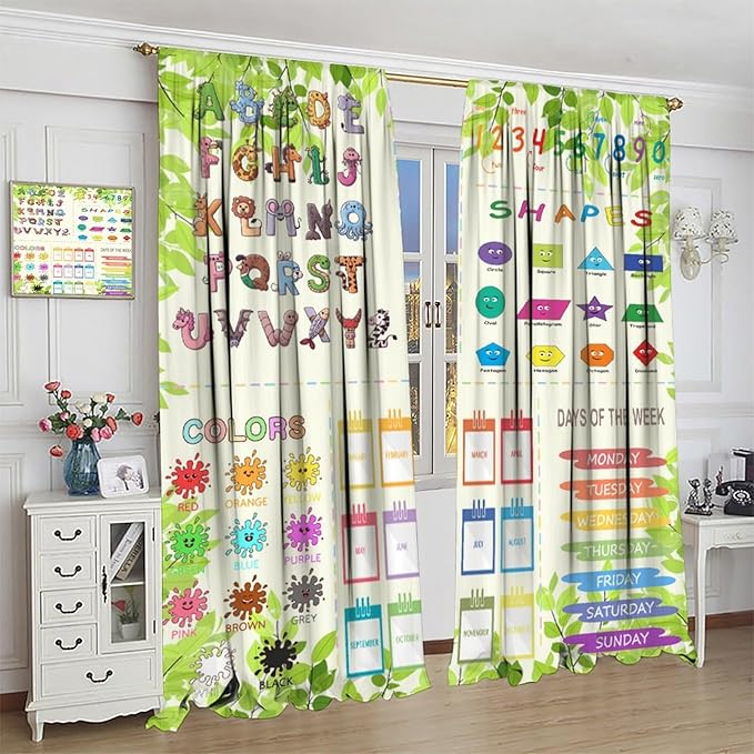 Kids Alphabet Curtain Cartoon Animal Nursery Rustic Leaves Plant Funny School Education Learning Tools Printed Rod Pocket Blackout Window Drapes for Bedroom Living Room 72" W X 63" L
